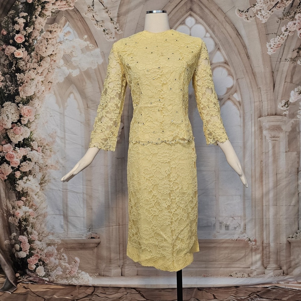 Vintage 1960's Skirt Blouse Suit Set Buttercup Yellow Lace Stephen O'Grady